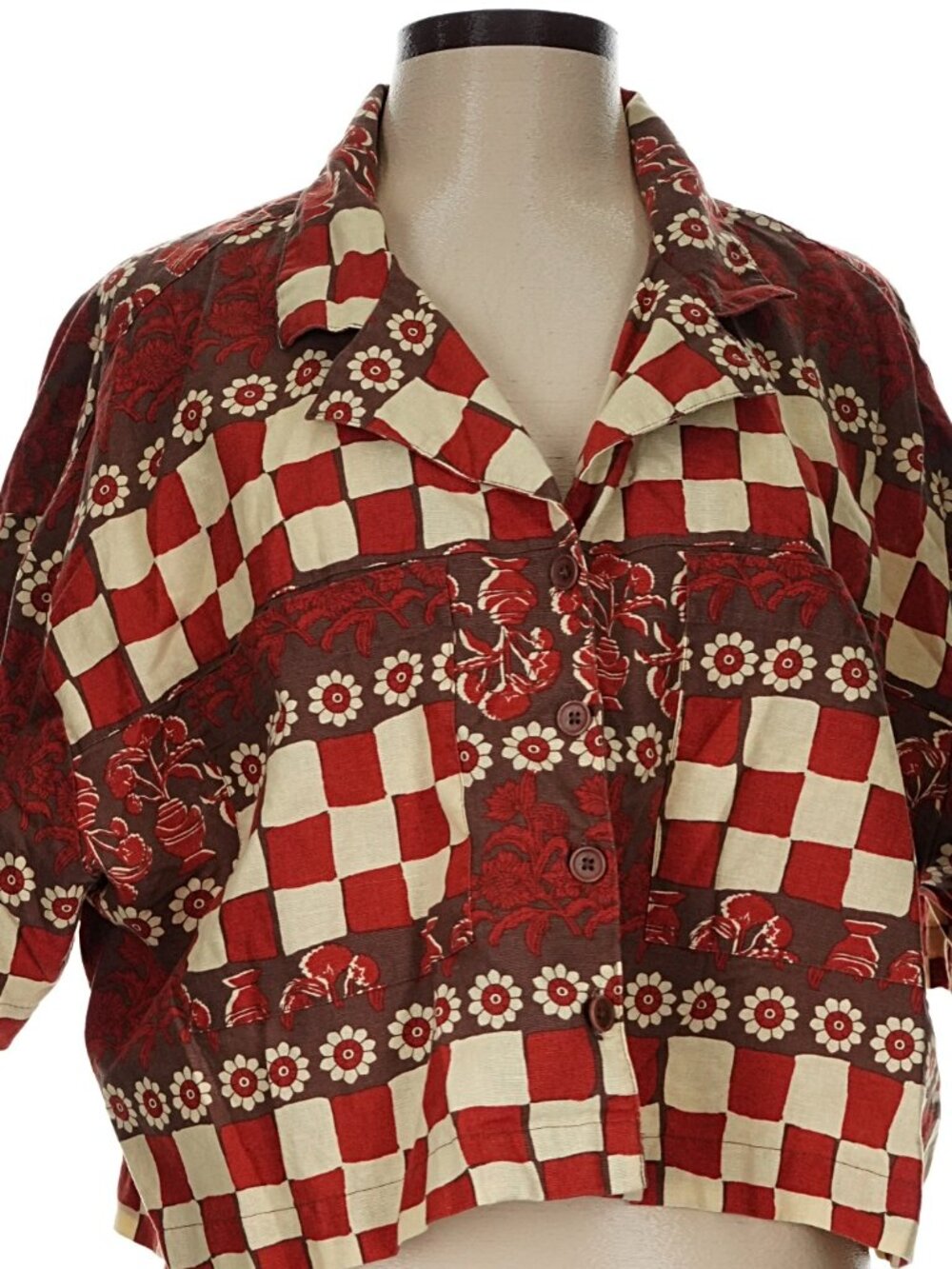 Lucy & Yak Alfie Shirt Red Cream Checkerboard Floral Daisy Print Large EUC Linen